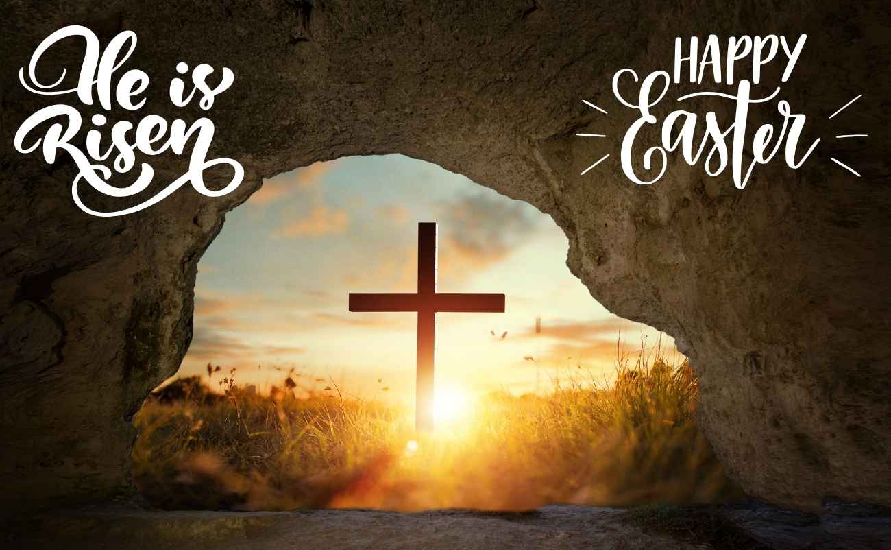 Happy Easter He is risen text on Jesus Tomb side