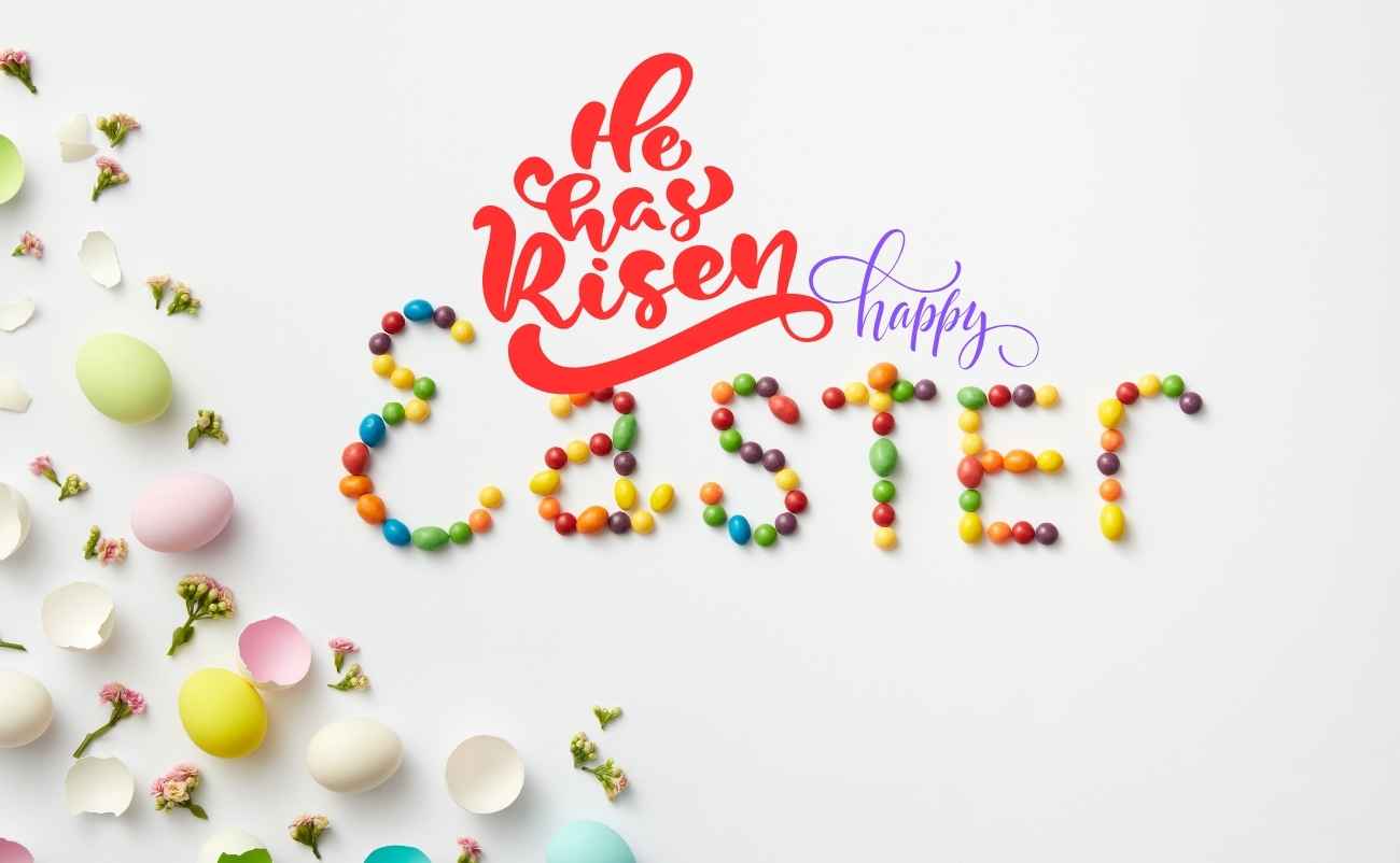 Happy Easter He is risen text on with easter egg decoration