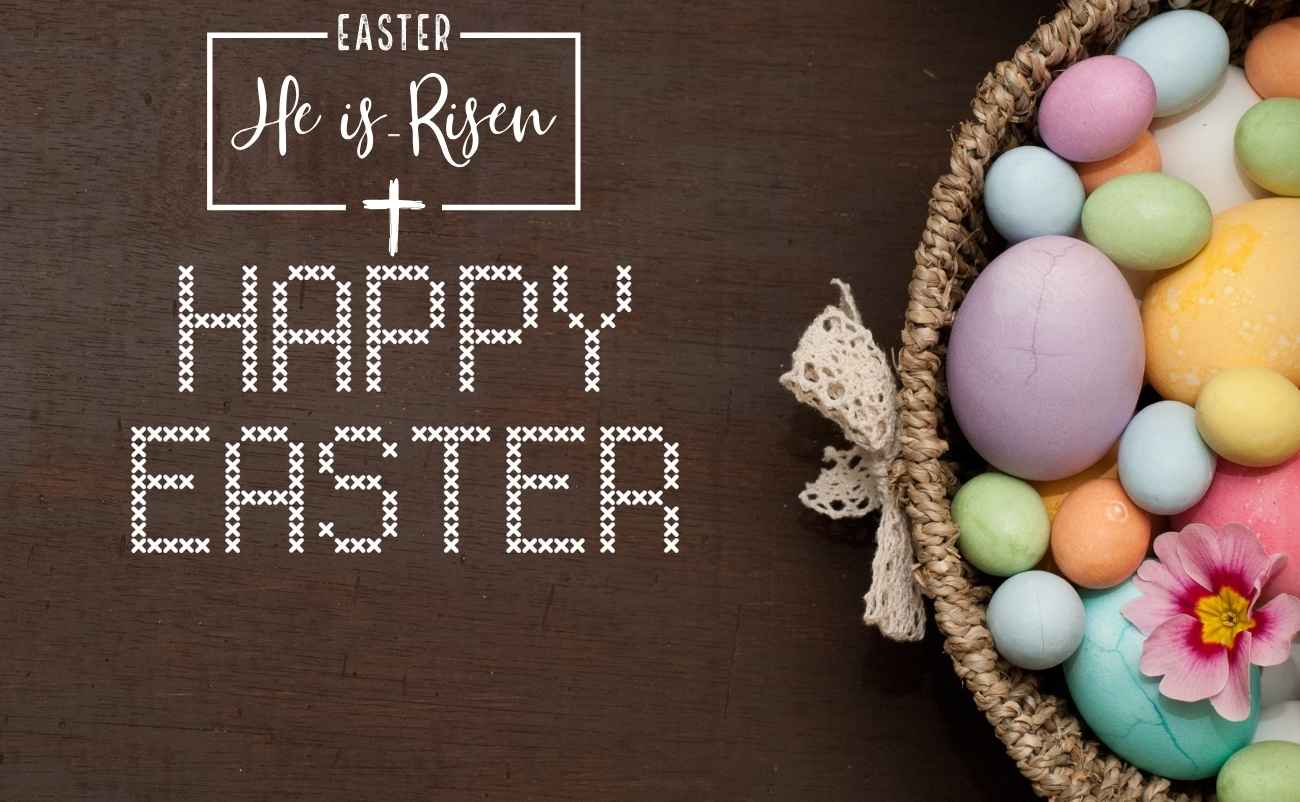 Happy Easter He is risen text with colorful easter egg basket