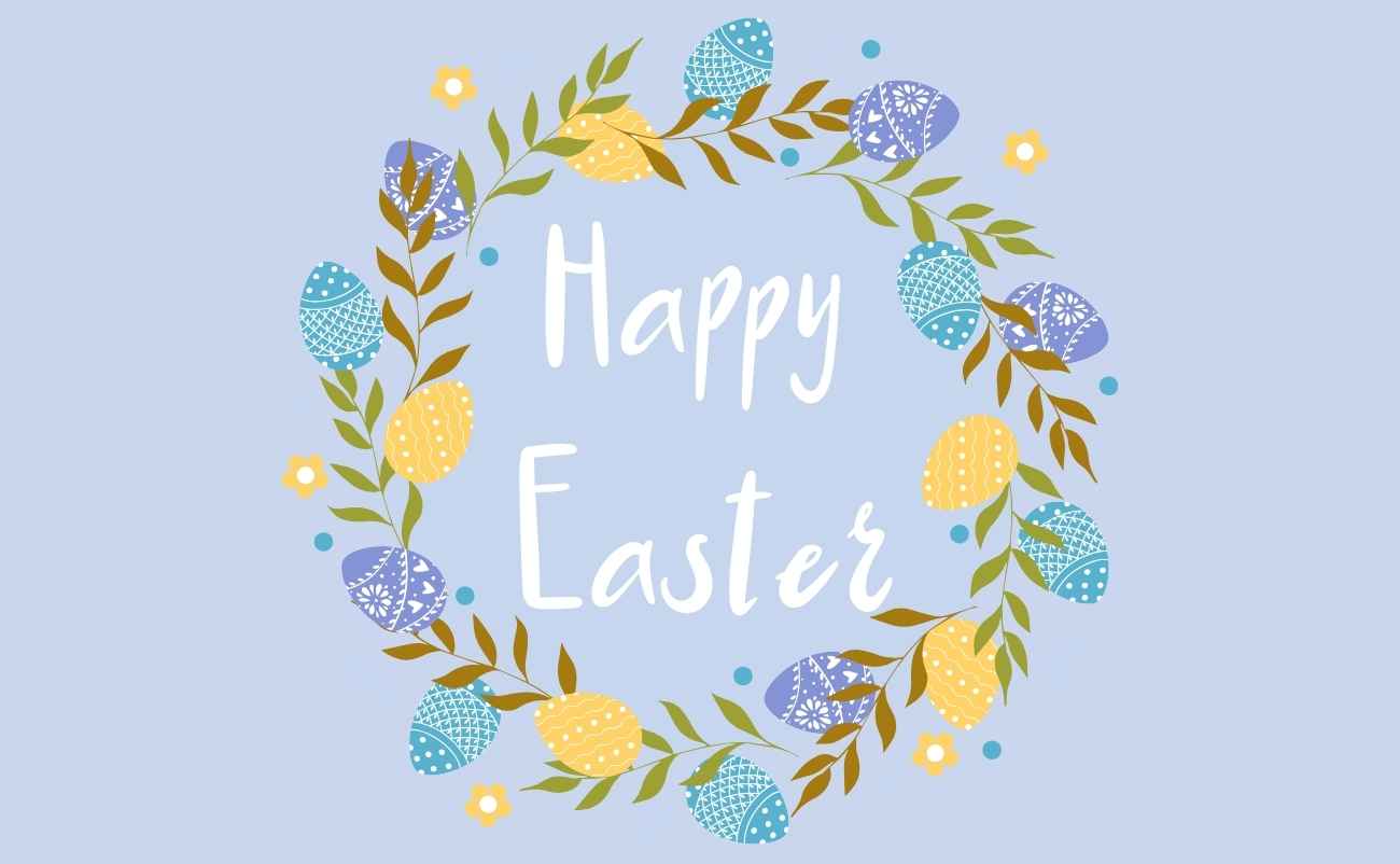 Happy Easter Text with Egg and Palm Branches Decoration